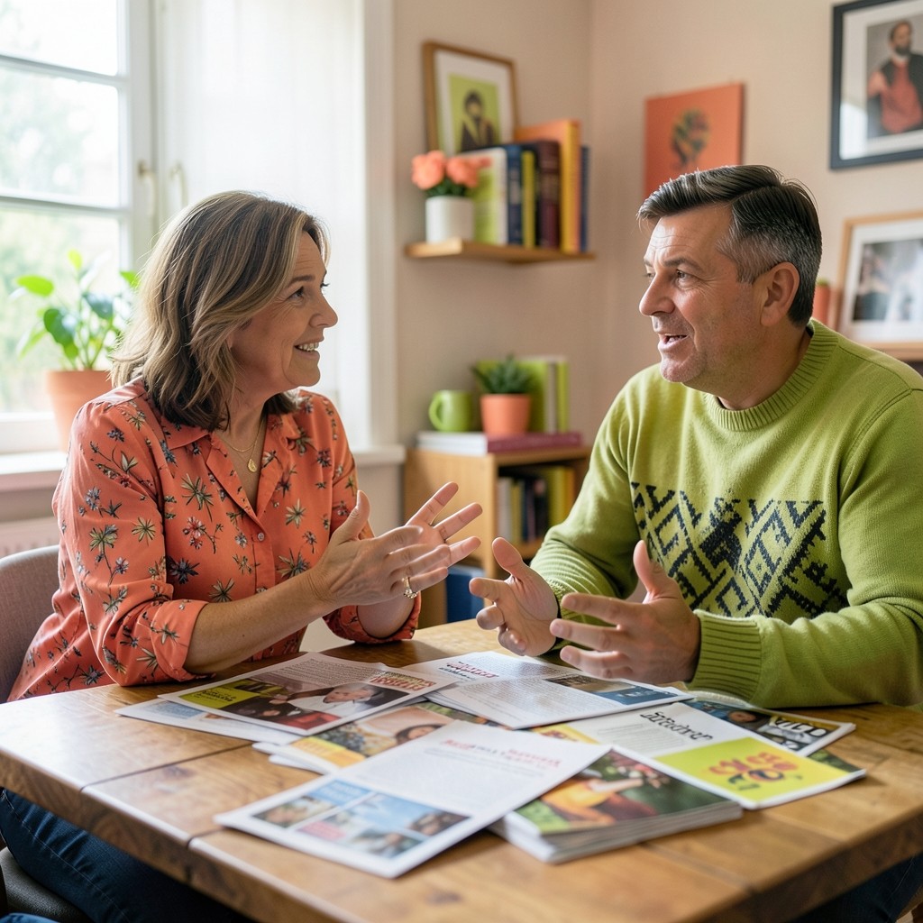 Léa Quémener et Hervé Le Bihan autour d’une table de travail avec journaux marketing et tracts