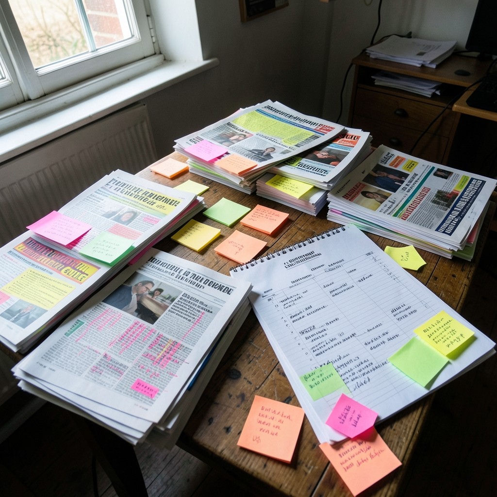 Table de travail à Broons avec coupures de presse marketing, tracts annotés et notes manuscrites pour un comité commercial