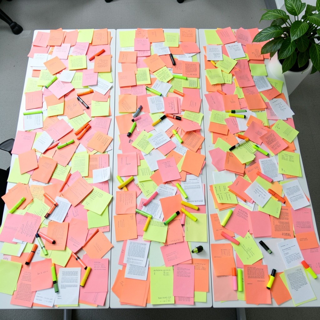 Feuilles de veille marketing étalées avec coupures de presse régionale et surligneurs